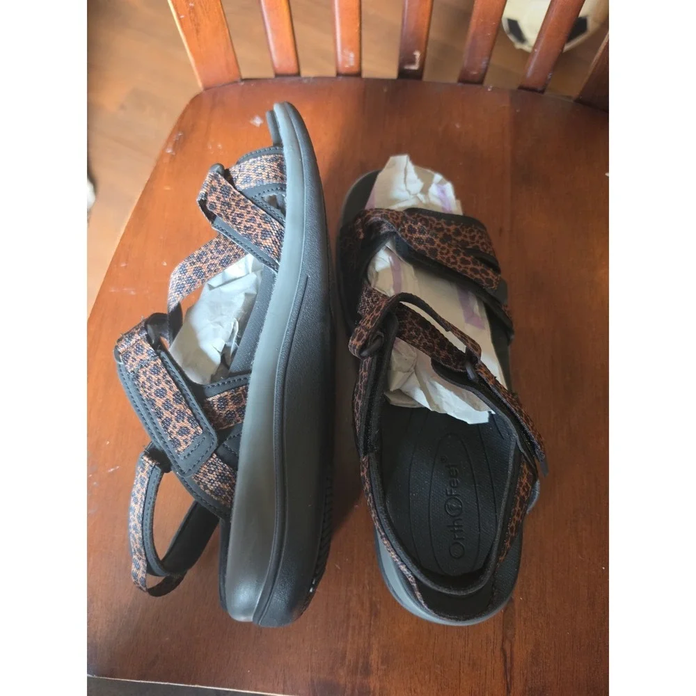 Orthofeet Women's Black/Brown Animal Print Strappy Sandals US 8.5  Hook & Loop